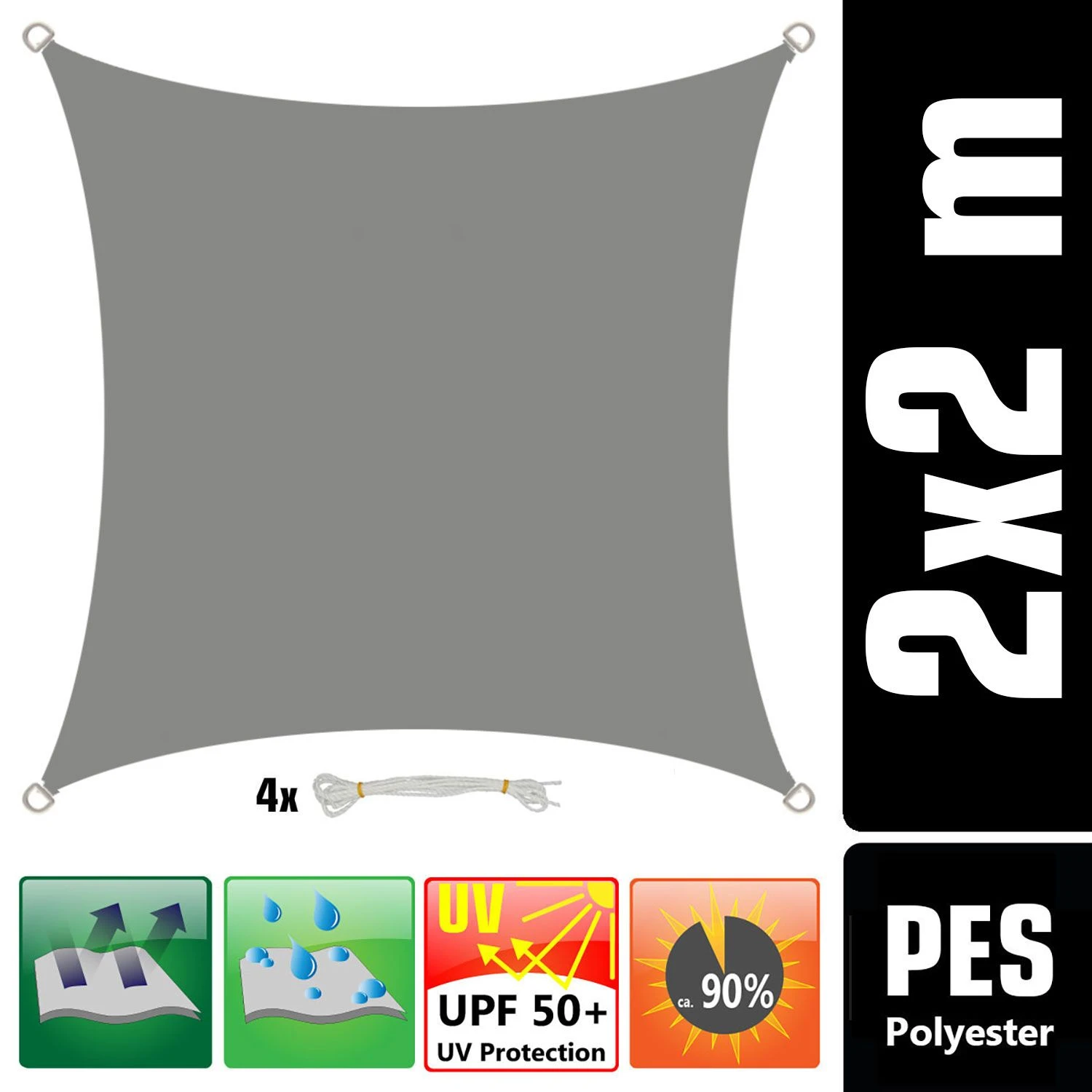 AMANKA 2x2m Grijs Polyester Waterdicht Schaduwdoek - Afbeelding 2