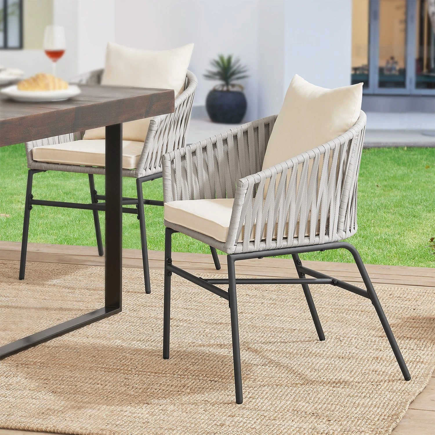 Merkloos Set Van 2 Touwgaas Tuinstoelen Met Rug- En Zitkussens - Image 2