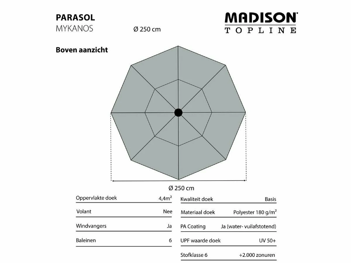 Madison Mykanos 250 Cm Push-up Parasol - Grey - Image 3