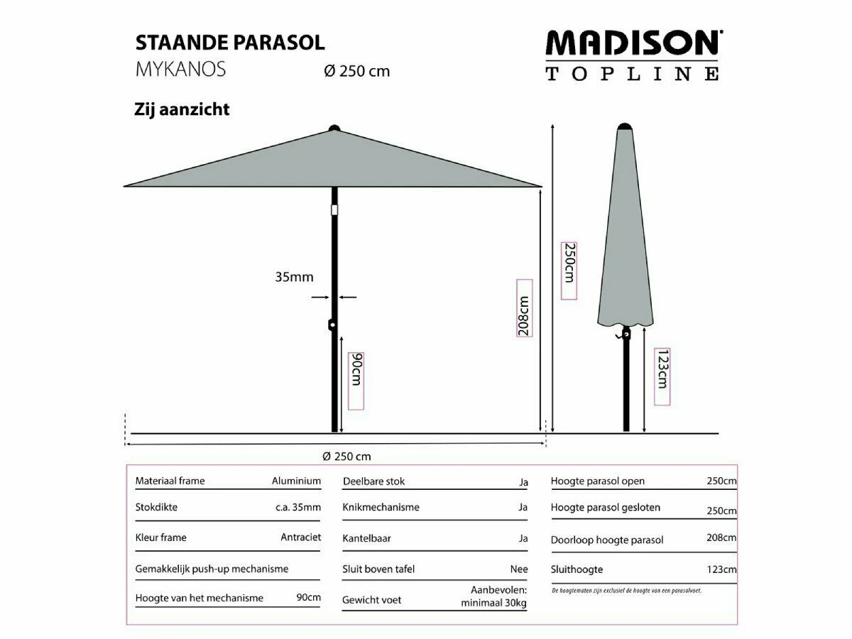 Madison Mykanos 250 Cm Push-up Parasol - Grey - Image 2